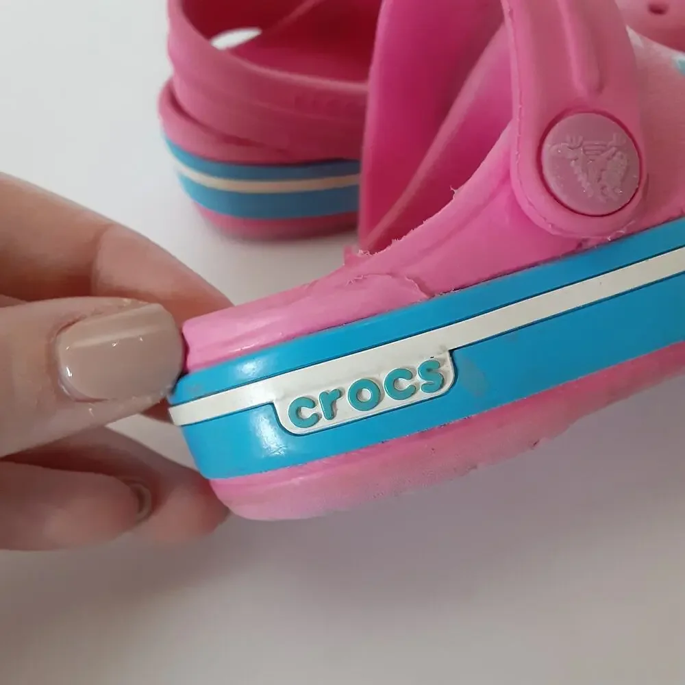 Crocs Crocband Clogs Toddler 4/5 Hot Pink Blue Stripe Retro Water Shoes Summer